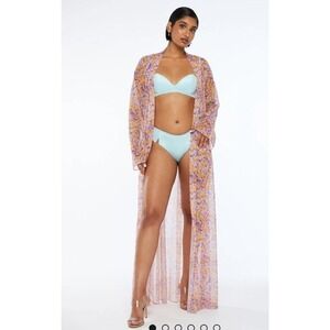 Long Kimono Duster Cover Up Purple Orange Abstract Print Lace‎ Up Back
